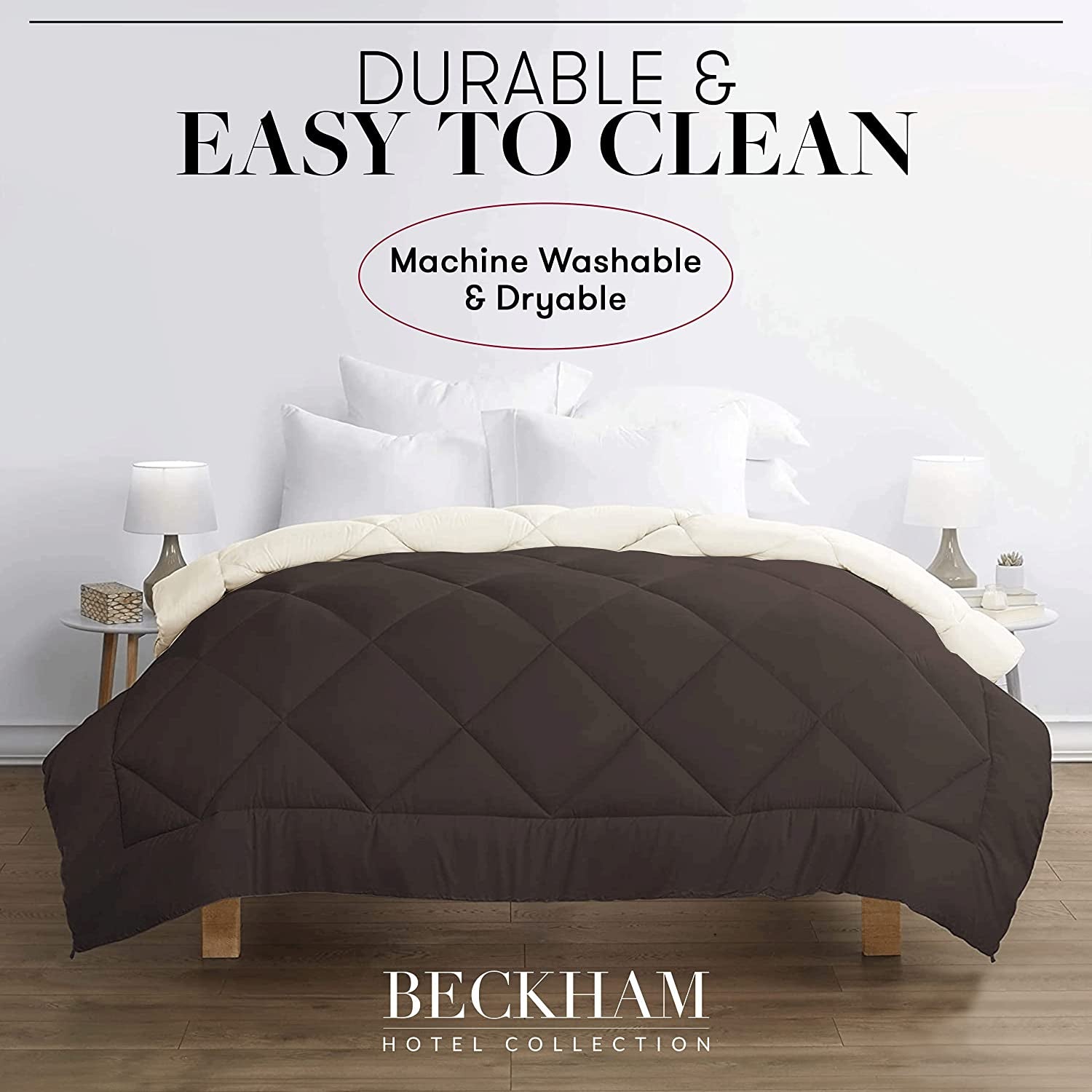 Beckham Hotel Collection Goose down Alternative Reversible - All Season - Premium Quality Luxury Comforter - Full/Queen - Navy/Sleet
