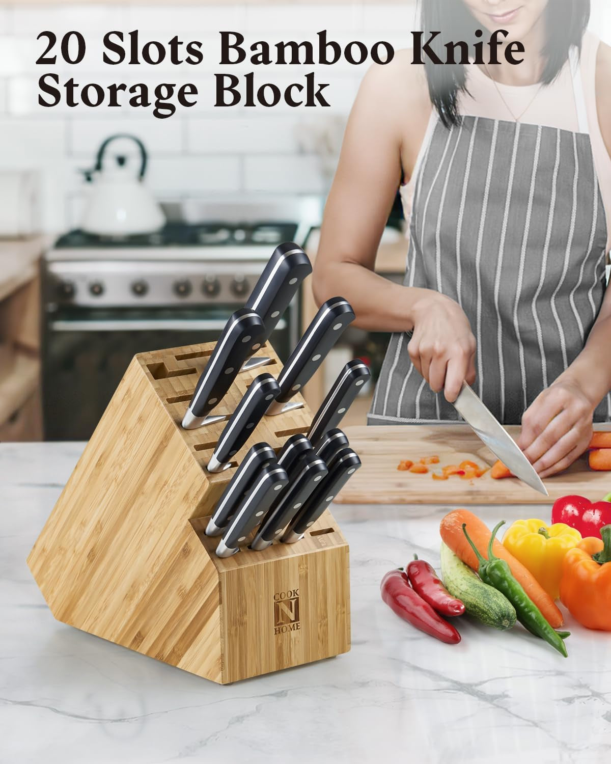Bamboo Knife Storage Block without Knives, 20 Slot Universal Knife Holder Countertop Butcher Block Knife Stand for Easy Kitchen Storage