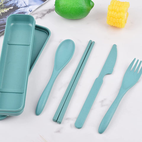 Image of Reusable Utensils Set with Case, 4 Sets Wheat Straw Travel Cutlery Set, Portable Spoon Knife Fork Chopsticks Lunch Box Utensil Set for Kids Adults