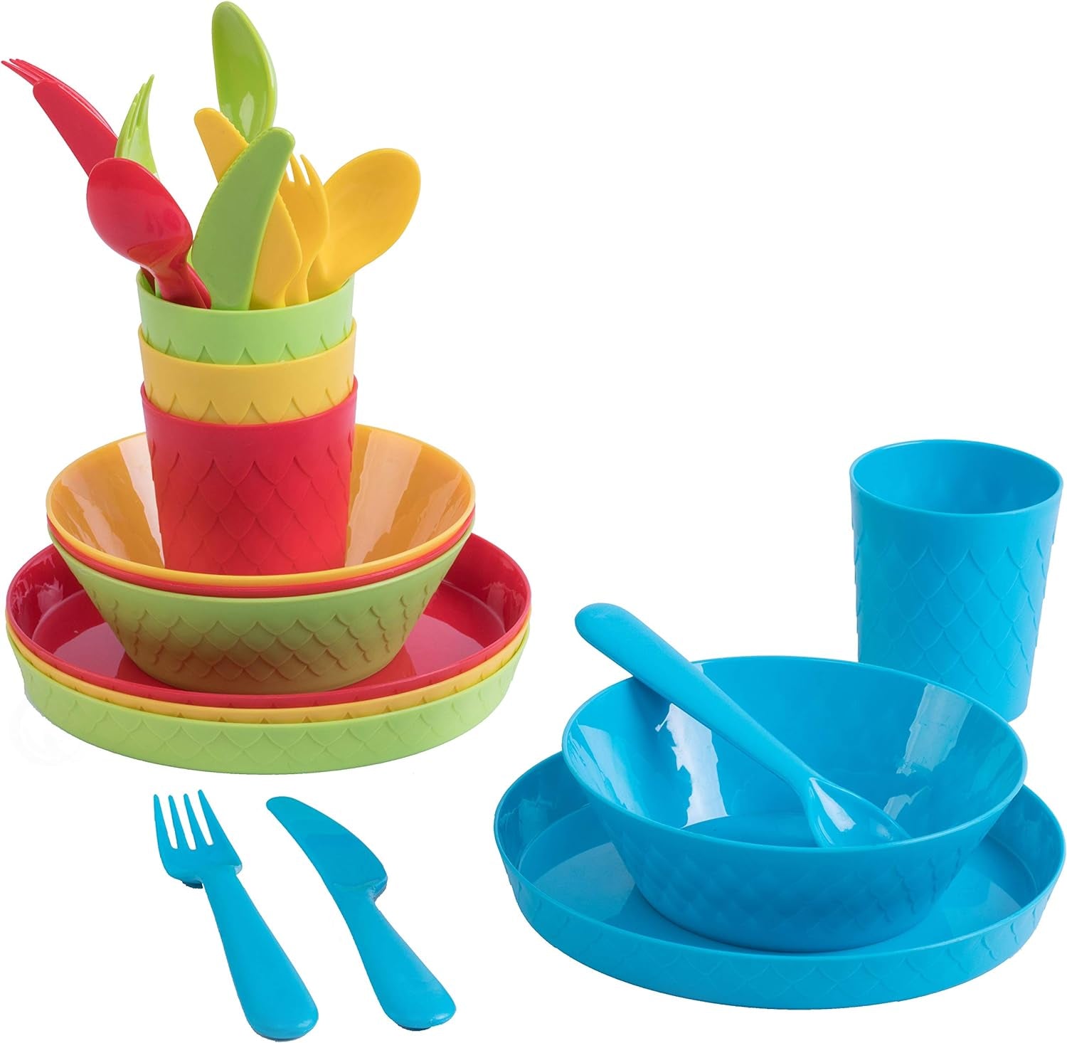 Kids Dinnerware Set for 4 | 24 Piece Plastic Dishes Dinnerware Sets | Dinnerware Set Plastic 4 Plates, 4 Bowls, 4 Cups, 4 Forks, 4 Knives, and 4 Spoons