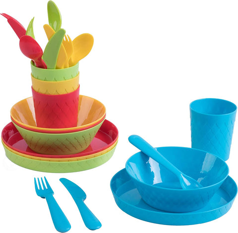 Image of Kids Dinnerware Set for 4 | 24 Piece Plastic Dishes Dinnerware Sets | Dinnerware Set Plastic 4 Plates, 4 Bowls, 4 Cups, 4 Forks, 4 Knives, and 4 Spoons