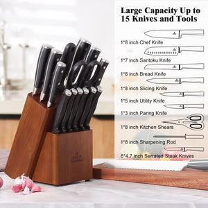 15 Slots Universal Knife Block, Acacia Wood Knife Block without Knives, Knife Holder for Kitchen Counter- Wider Angled Openings for Keeping Knives Sharp