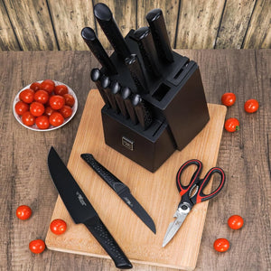 Knife Sets for Kitchen with Block, HUNTER.DUAL 15 Piece Knife Set with Built-In Sharpener, Dishwasher Safe, German Stainless Steel, Elegant Black