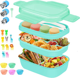 Bento Box Lunch Box Kit, 3 Stackable Bento Lunch Containers for Adults/Kids, Durable Leak-Proof Box with Spoon Fork Bag Accessories, Microwave Dishwasher Freezer Safe, Green
