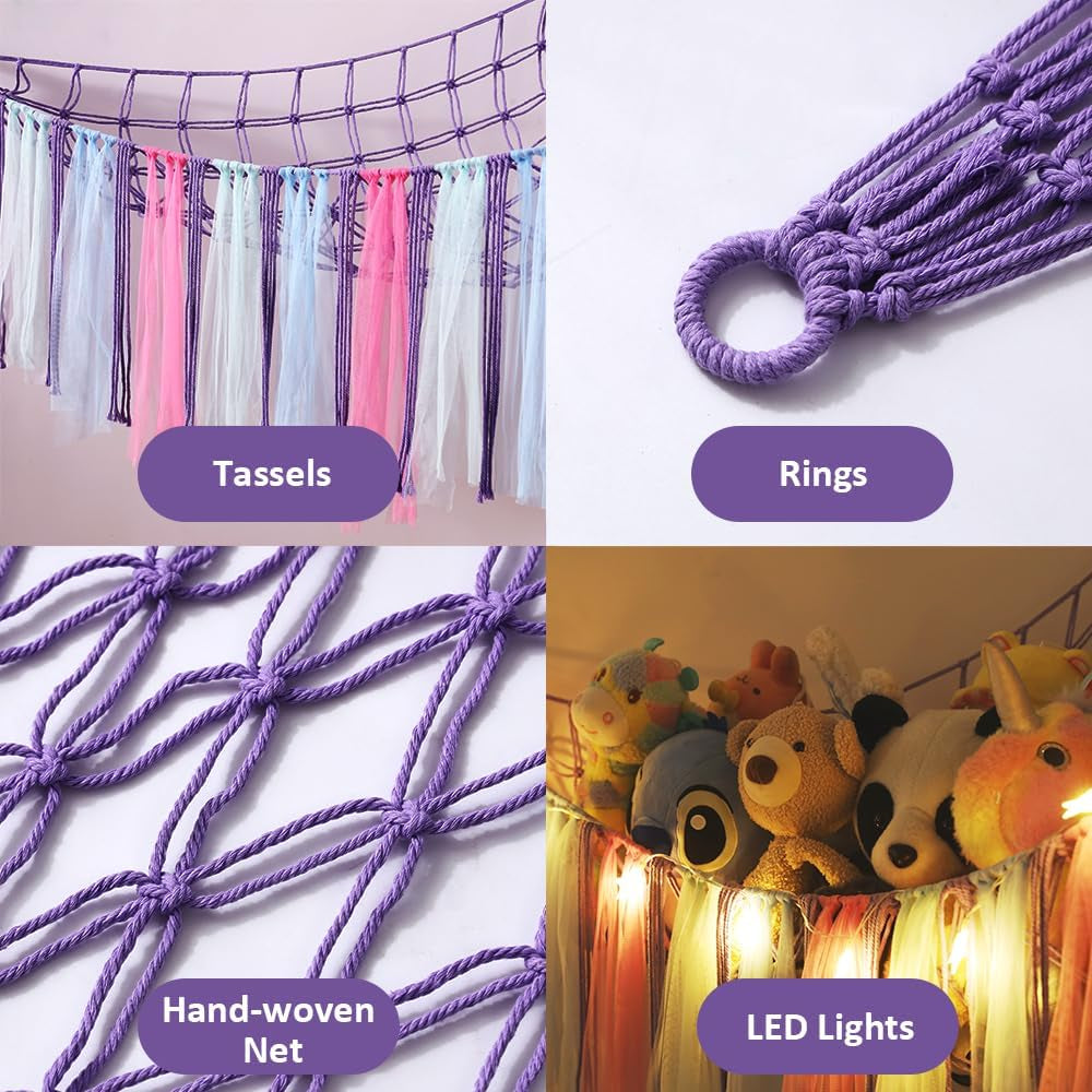 Stuffed Animal Toys Hammock with LED Light, Stuffed Doll Hanging Corner Holder for Home Storage, Large Hanging Net -Display Teddies for Nursery and Kids’ Bedroom, Purple Decor Organizer