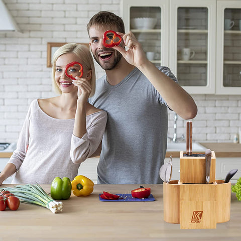 Image of Bamboo Universal Knife Block Two-Tiered Slot-Less Wooden Knife Stand, Knife Organizer & Holder - Convenient Safe Storage for Large & Small Knives & Utensils - Easy to Clean Removable Bristles