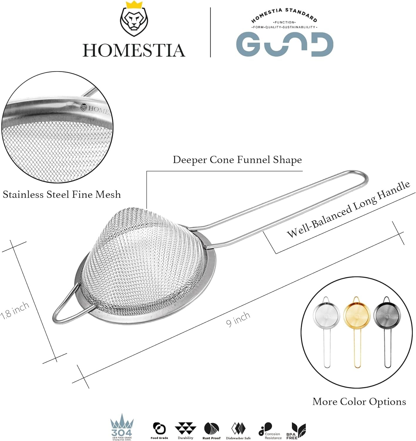 Fine Mesh Sieve Strainer Stainless Steel Cocktail Strainer Food Strainers Tea Strainer Coffee Strainer with Long Handle for Double Straining Utensil 3.3 Inch