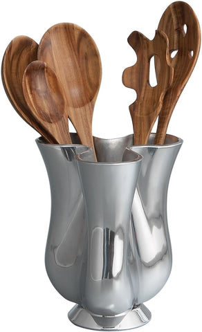 Image of Tulip Tool Jug with 5 Piece Kitchen Tool Set | Utensil Holder for Countertop with Assorted Kitchen Utensils | Made from  Alloy and Acacia Wood