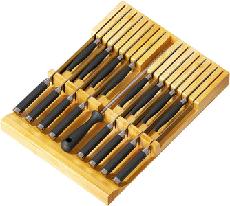 Bamboo Knife Drawer Organizer Insert, Kitchen Steak Knives Holder Organizers Block for Drawer Storage Organization (16 Knife Slots and 1 Sharpener Slot)