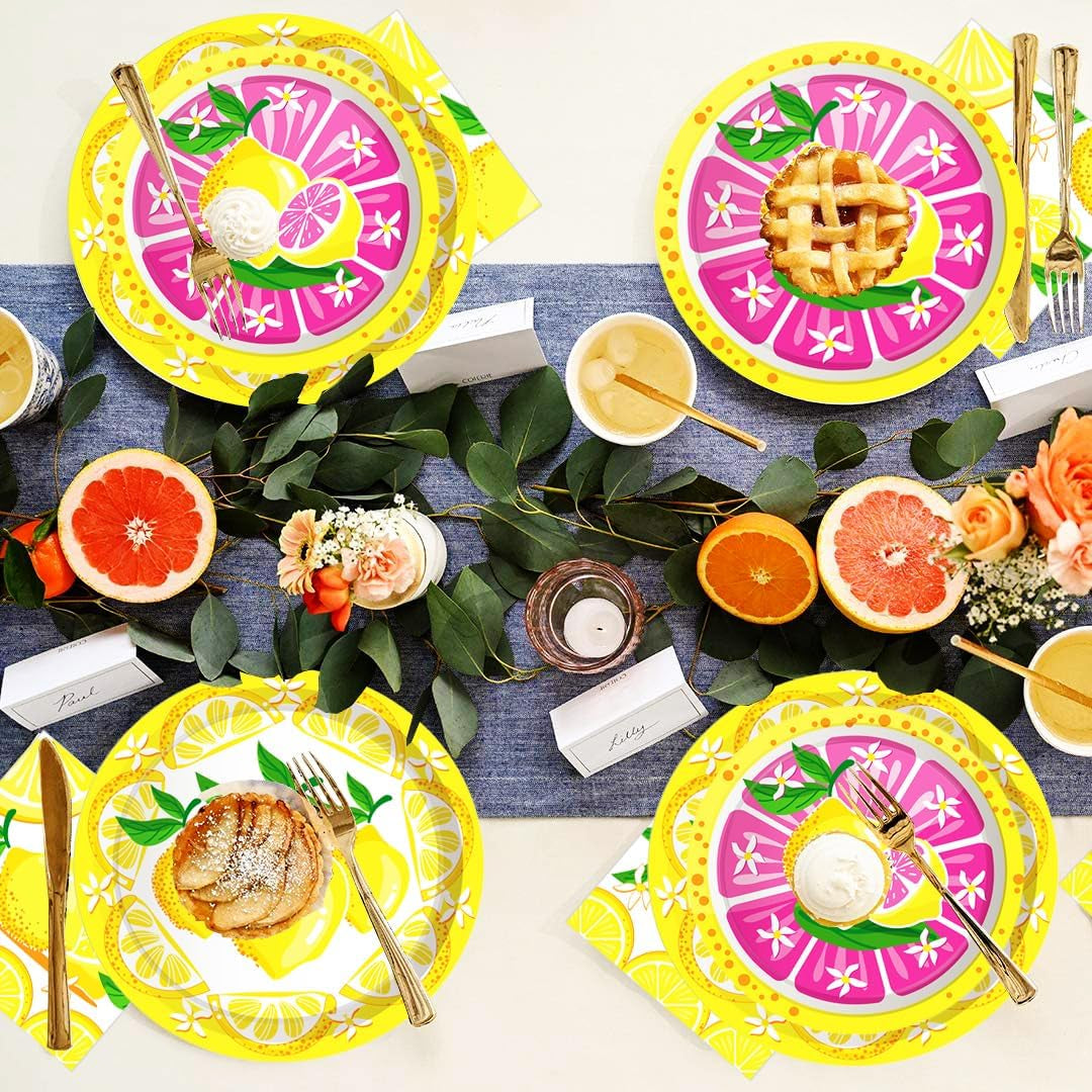 140Pcs Yellow Lemon Party Supplies Citrus Fruit Tableware Set 9"& 7"Lemon Plates Napkins Cup Knives Forks Spoons for Lemonade Summer Tropical Themed Beach Lemon Birthday Party Decorations Serve20