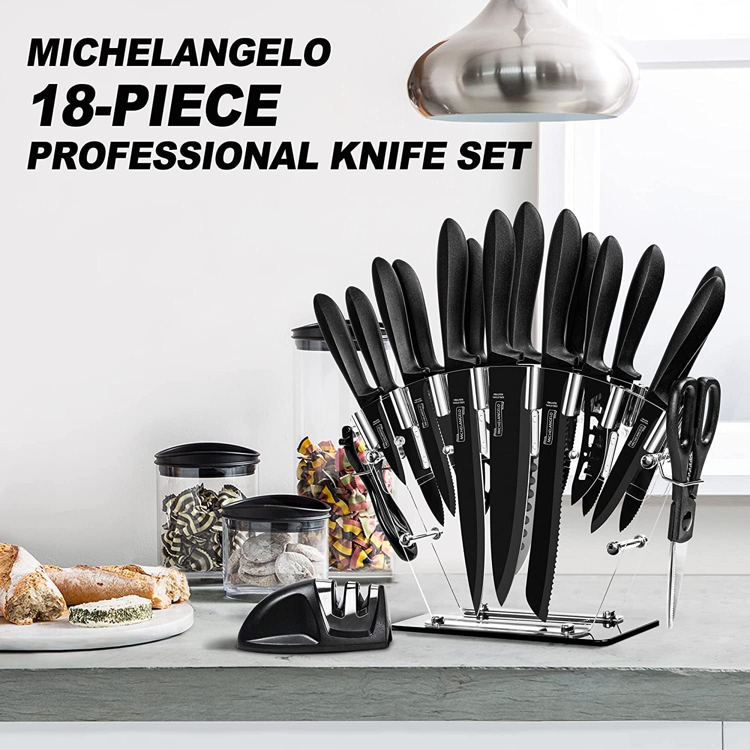 18Pc Kitchen Knife Set with Block, Super Sharp Black Knife Set, Versatile Chef Knife Set with Knife Sharpener & Peeler, Stainless Steel Knives for Kitchen, 6 Steak Knives Included