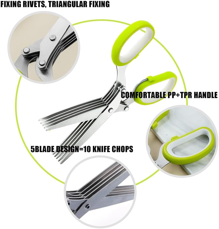Kitchen Herb Scissors，Multipurpose Food Scissors ，5 Stainless Steel Blades and Safety Cover Kitchen Scissorsfor Chopping Chive, Vegetables, Salad,Collard Greens, Parsleyherb Shears