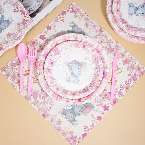 Image of 144 Pcs Elephant Theme Baby Shower Decorations for Boy Girl Party Tableware Set for 24 Guests, Include Paper Baby Shower Plates Napkins Cutlery Plastic Forks Spoons Knives (Pink,Girl)