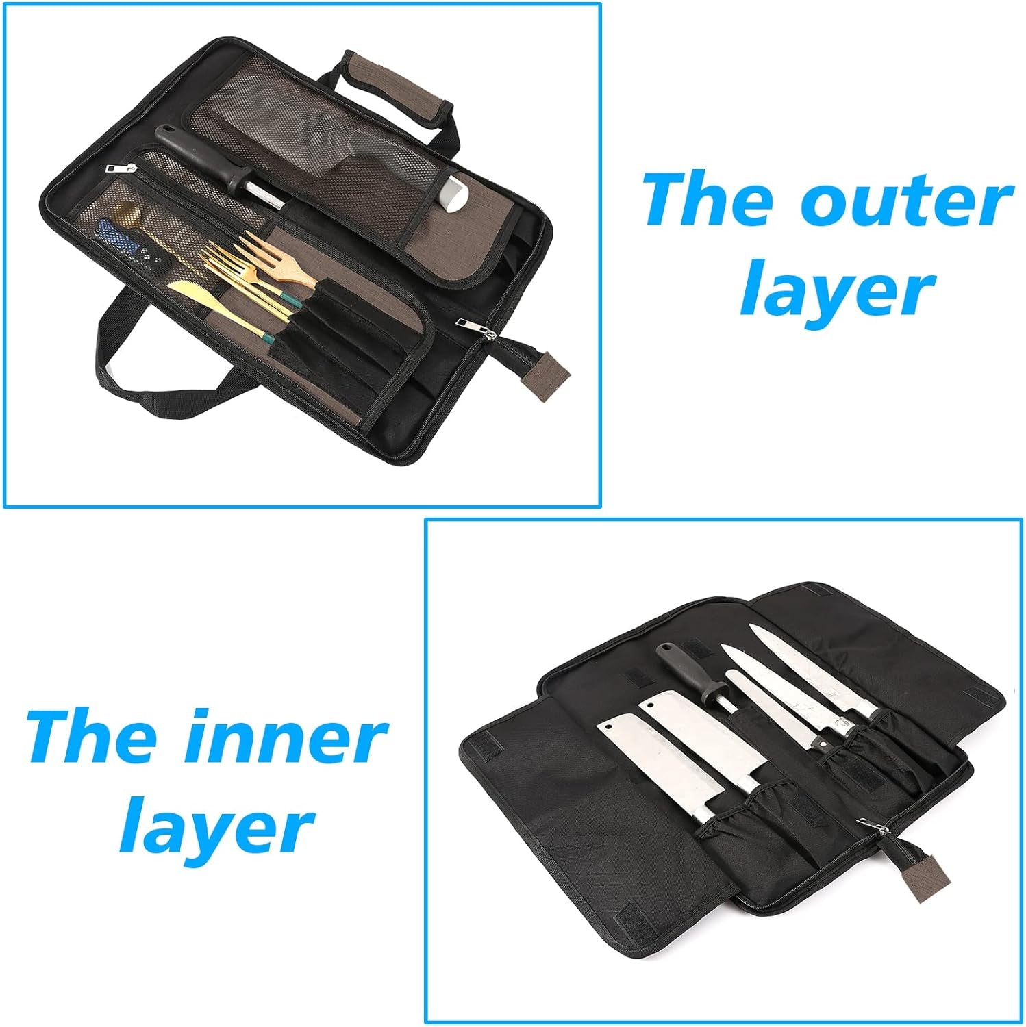 Chef’S Knife Roll Bag, Heavy Duty Oxford Chef Knife Bag, Portable 13 Slots Chef Knife Case, Multi-Function Cutlery Knives Pouch Holder Knife Wrap Wallet Tool Roll (Khaki)