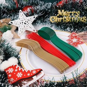 180 Pieces Disposable Plastic Christmas Silverware Cutlery - Plastic Flatware Set 60 Gold Forks, 60 Red Knives and 60 Green Spoons - Heavy Duty Gold Plastic Cutlery - Gold Utensils for Christmas