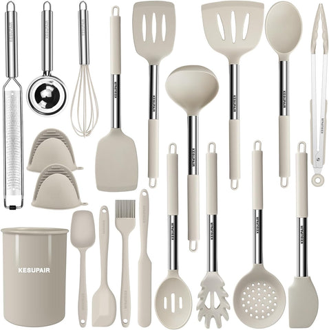 Image of Silicone Kitchen Utensils Set, 20 Pcs Cooking Utensils Set-Cooking Utensil - Kitchen Gadgets and Tools with Holder-Stainless Steel Kitchen Utensil with Grater,Turner,Tongs (Khaki)