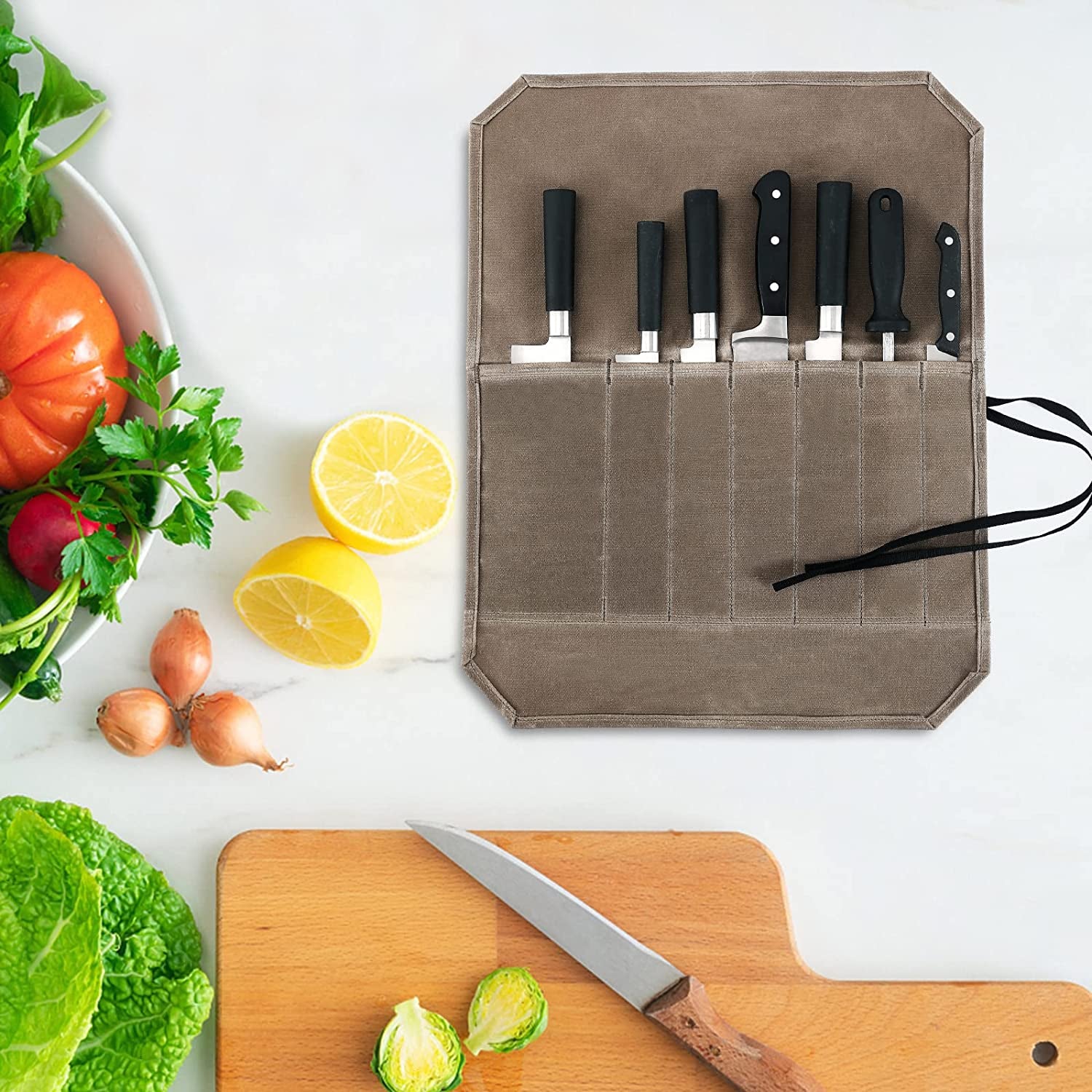 Knife Roll, Chef’S Knife Roll Case, Waxed Canvas Cutlery Knives Holders Protectors, Home Kitchen Cooking Tools and Utensils Wrap Bag Wallet , Multi-Purpose Brush Roll Bag, Travel Tool Roll Pouch
