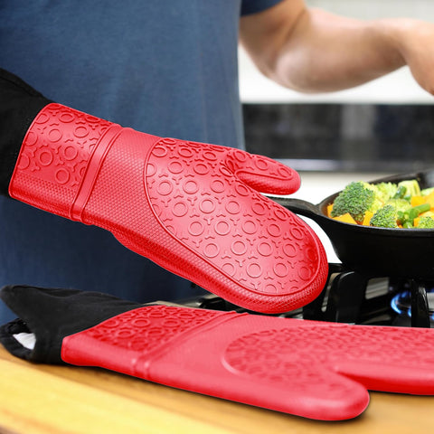 Image of Extra Long Professional Silicone Oven Mitt, Oven Mitts with Quilted Liner, Heat Resistant Pot Holders, Flexible Oven Gloves, Red, 1 Pair, 14.7 Inch