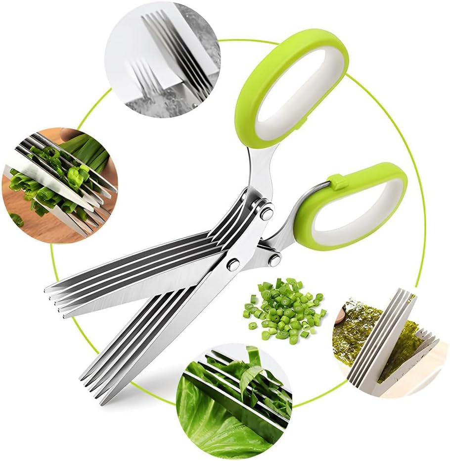Kitchen Herb Scissors，Multipurpose Food Scissors ，5 Stainless Steel Blades and Safety Cover Kitchen Scissorsfor Chopping Chive, Vegetables, Salad,Collard Greens, Parsleyherb Shears