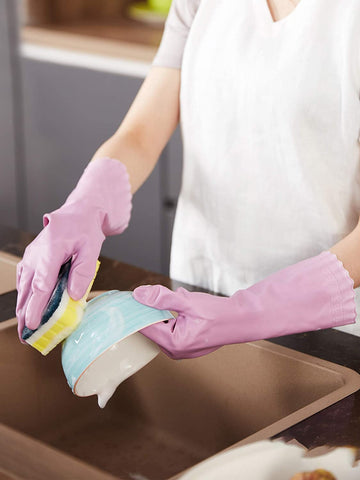 Image of LANON Wahoo Skin-Friendly Cleaning Gloves, Dishwashing Kitchen Gloves with Cotton Flocked Liner, Reusable, Non-Slip, Mauve Mist, Medium