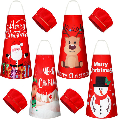 Image of 4 Sets Christmas Kids Apron and Chef Hat Boys Girls Aprons with 2 Pockets Hats Cooking Kitchen Painting Baking Wear