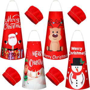 4 Sets Christmas Kids Apron and Chef Hat Boys Girls Aprons with 2 Pockets Hats Cooking Kitchen Painting Baking Wear