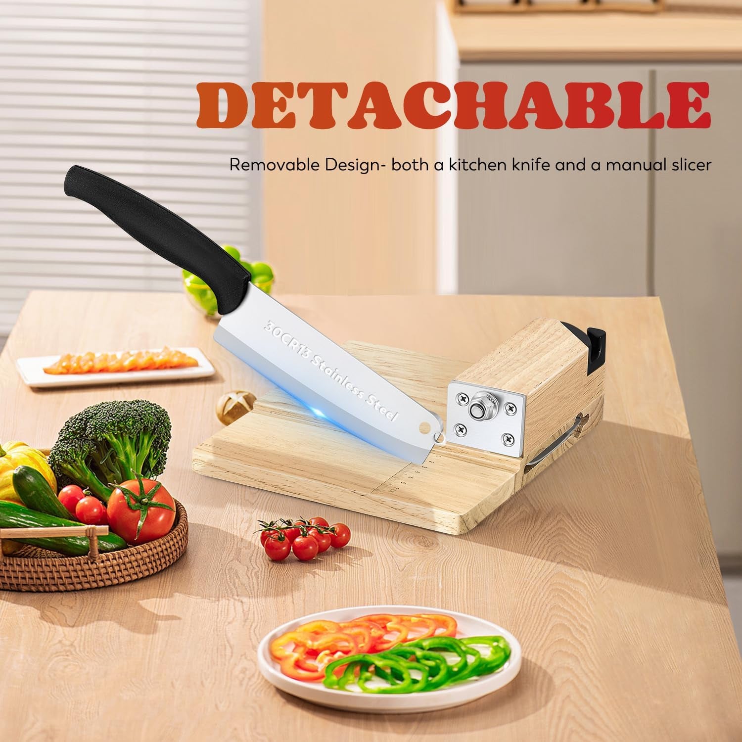 Biltong Slicer Beef Jerky Cutter with Built-In Knife Sharpener Manual Meat Slicer Rubber Wood Base for Deli Bacon Ham Sausage Fruits Vegetables Herb Ginseng Pastry