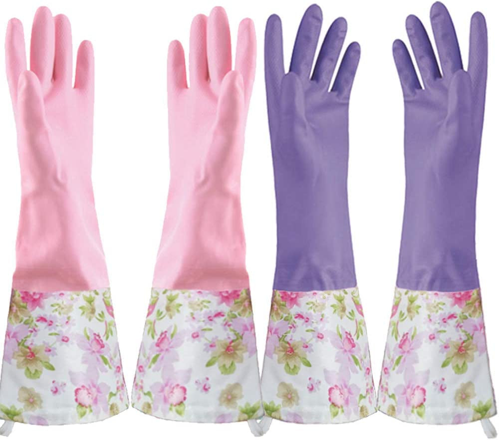 Dishwashing Cleaning Gloves, 2 Pair Reusable Household Cleaning Gloves Long Cuff and Flock Lining