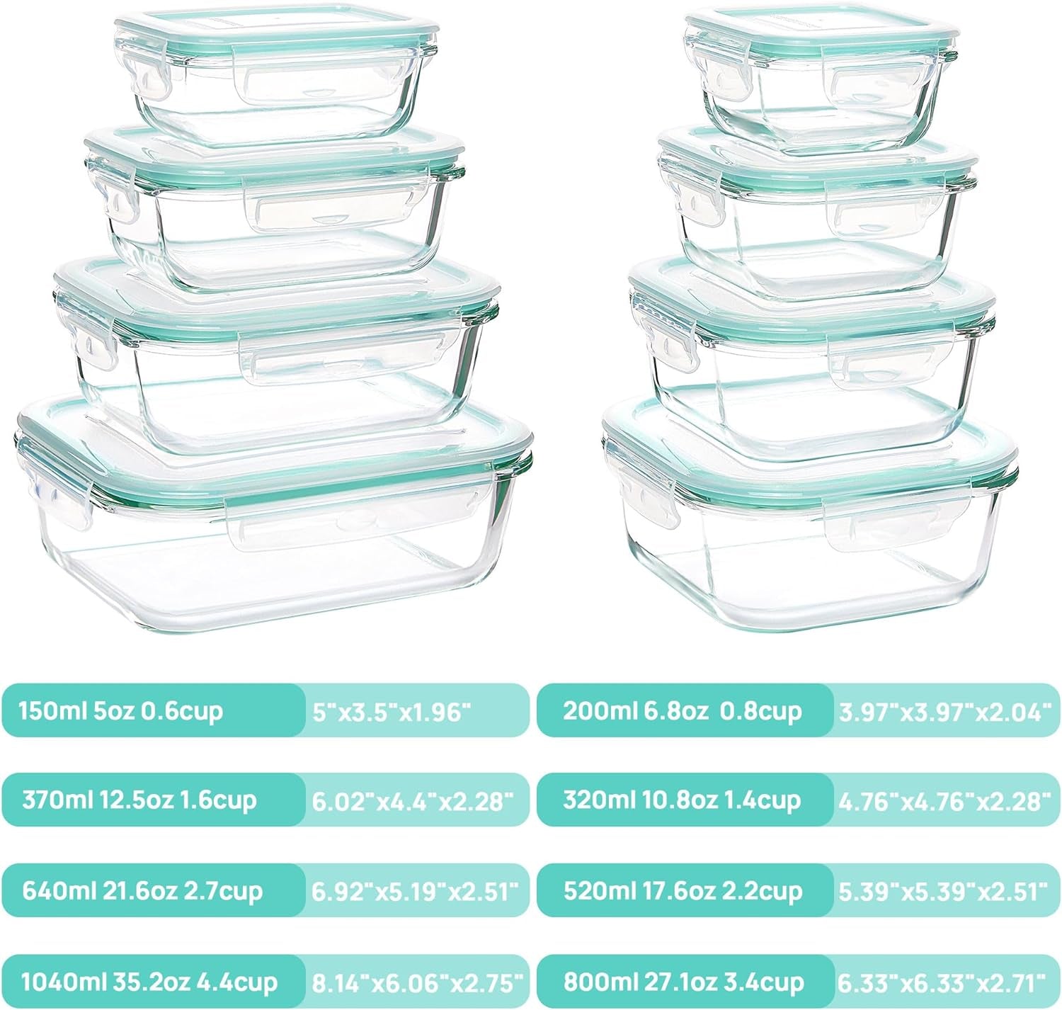 8 Pack Glass Food Storage Containers , Meal Prep , Airtight Bento Boxes with Leak Proof Locking Lids, for Microwave, Oven, Freezer and Dishwasher, BPA Free