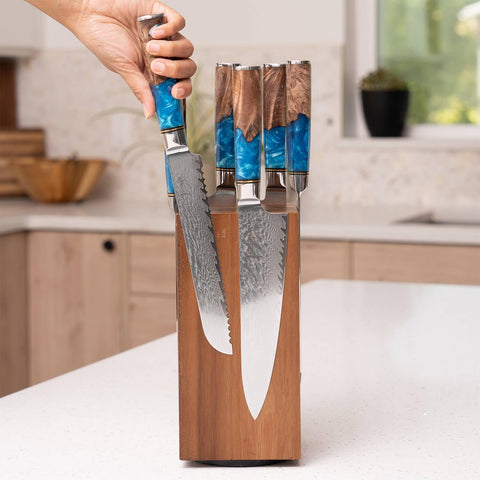 Image of SENKEN Rotating Magnetic Knife Block, Natural Acacia Hardwood - 360 Degrees Rotation - Ultra Strong Neodymium Magnets, Universal Knife Holder Storage for Kitchen Counter (Rotating Magnetic Block)