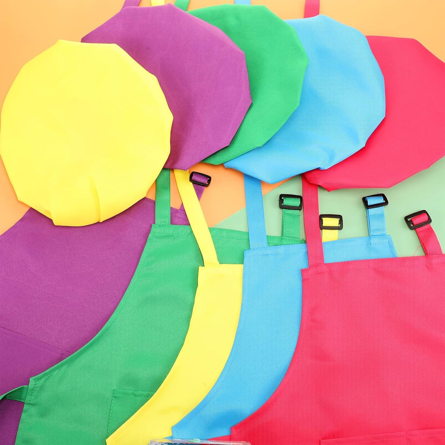 20 Pcs Kids Apron and Chef Hat Set Kids Plastic Knife Set with Cutting Board, 5 Toddler Apron 5 Chef Hat 5 Kid Safe Knives 5 Kids Chopping Board for Baking Cooking Club, Preschool Class