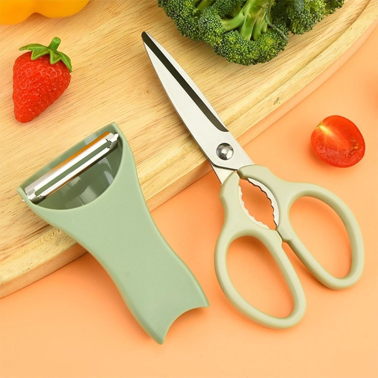 2Pcs Kitchen Scissors and Peeler Set, 3 in 1 Standable Stainless Steel Household Scissors Food Scissors Kitchen Scissors and Melon Planer (1*Green+1*Pink)