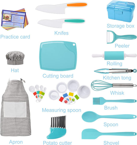 Image of Kids Cooking Sets Real Kids Baking Set with Storage Case 34 Piece Real Cooking Supplies with Cookbook Knives Apron Chef Cooking Utensils for Girls Boys