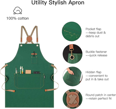 Image of Chef Apron with Cross Back Straps for Men Women, Cotton Canvas Apron for Artists Painting, Kitchen Cooking