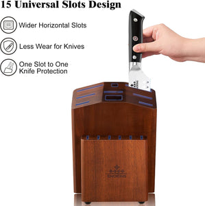 15 Slots Universal Knife Block, Acacia Wood Knife Block without Knives, Knife Holder for Kitchen Counter- Wider Angled Openings for Keeping Knives Sharp