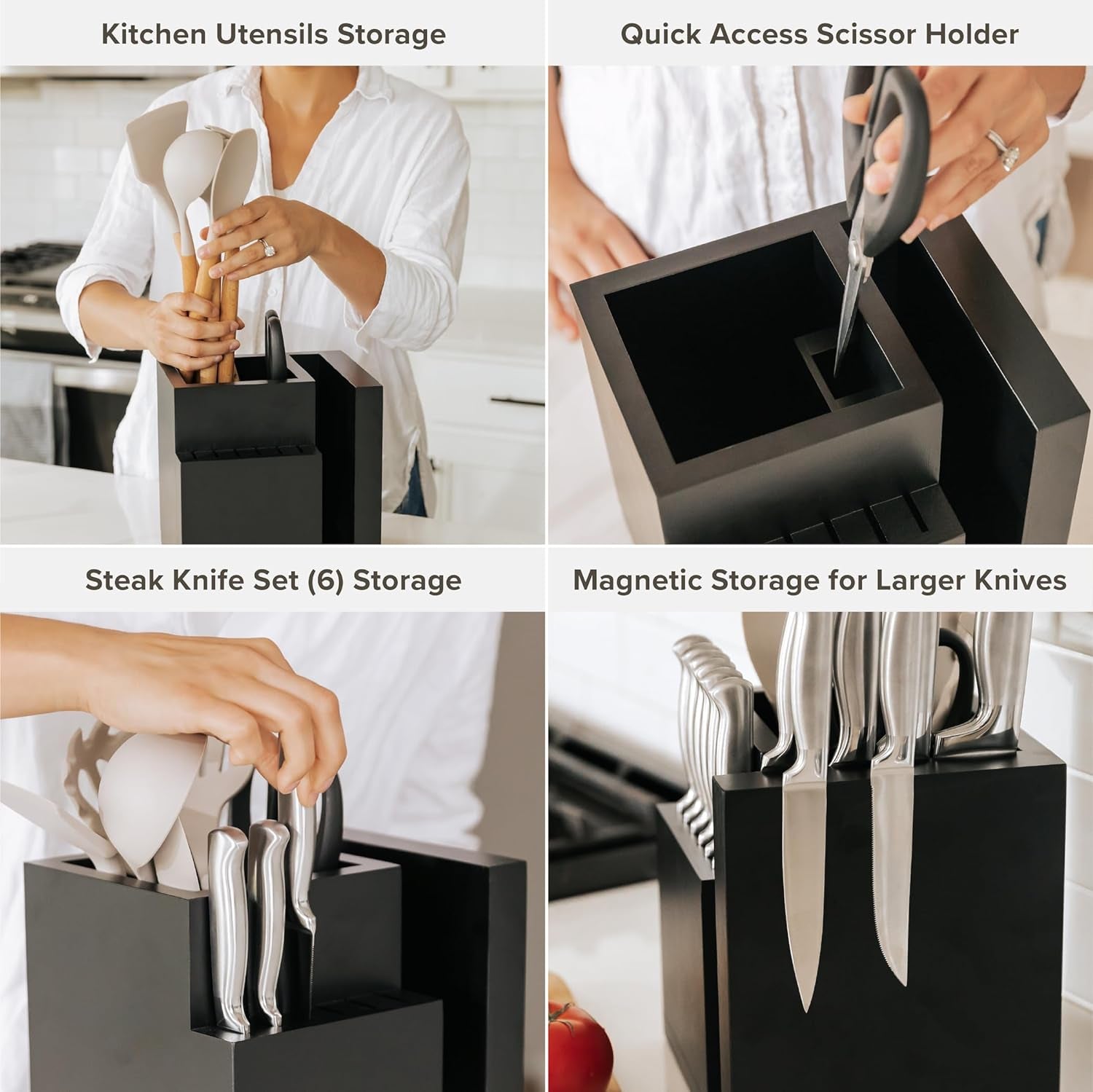 Bamboo Magnetic Knife Block and Cooking Utensil Holder, Sleek Storage for Chefs Knives, Steak Knives, Spatulas, Scissors, Non-Slip Rubber Feet, Easy to Clean, Food-Safe Black Finish