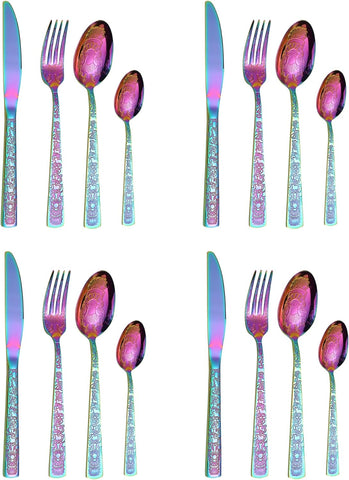 Image of Color High-End Tableware Set, 16 Pieces of Stainless Steel Rainbow Tableware Set, Pattern Tableware Set, Serving 4 People, Mirror Polishing, Dishwasher Safety (Multi-Purpose)