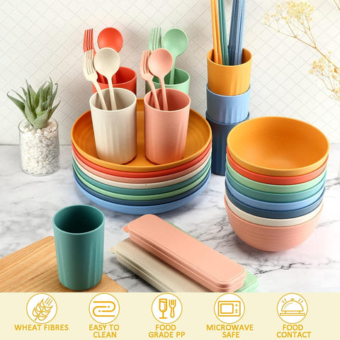 Image of 56 Pieces Wheat Straw Dinnerware Set Unbreakable Plastic Plate and Bowl Dishes for Kids Travel Picnic Camping Dishes Colorful Dinner Plates Dishwasher Microwave Safe Reusable Lightweight Tableware