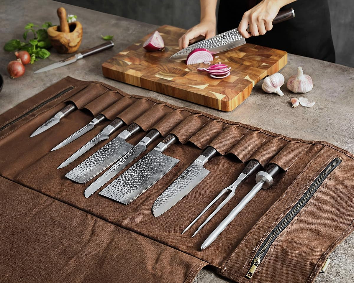 Chef Knife Roll Bag-Professional Chef Knife Case-16Oz Waxed Canvas and Crazy Horse Leather -With 12 Slots plus 2 Zipper Pockets to Hold Kitchen Cooking Tools-Travel Tool Roll Pouch(Bag Only)
