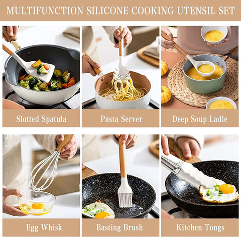 Image of Kitchen Utensils Set, 33 Pcs Non-Stick Silicone Cooking Utensils Set, Heat-Resistant Silicone, Wooden Utensils for Cooking, Kitchen Gadgets Spatula Set, Apartment Essentials Kitchen Set (White)