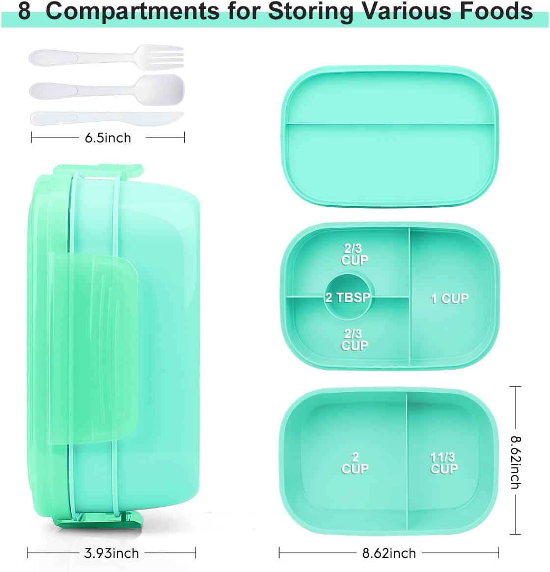 Bento Box Lunch Box Kit, 3 Stackable Bento Lunch Containers for Adults/Kids, Durable Leak-Proof Box with Spoon Fork Bag Accessories, Microwave Dishwasher Freezer Safe, Green