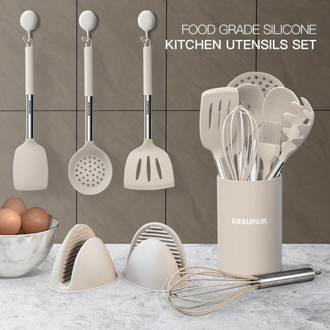 Image of Silicone Kitchen Utensils Set, 20 Pcs Cooking Utensils Set-Cooking Utensil - Kitchen Gadgets and Tools with Holder-Stainless Steel Kitchen Utensil with Grater,Turner,Tongs (Khaki)