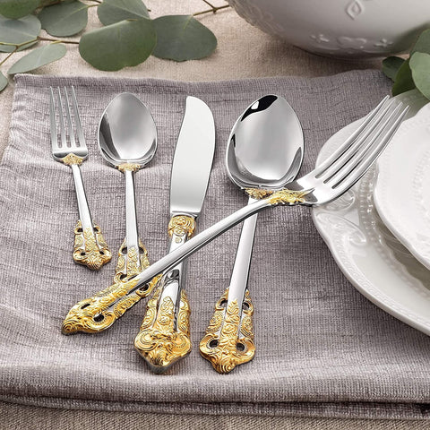 Image of Luxury 65 Pieces 18/10 Stainless Steel Flatware Set, Service for 12, Silver Plated with Gold Accents, Fine Silverware Set and Dishwasher Safe