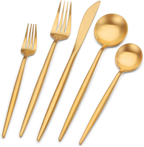 Image of Matte Gold Silverware Set Stainless Steel Satin Finish Flatware Cutlery Set for 4, 20-Piece Spoons and Forks Kitchen Utensil Set, Dishwasher Safe (Matte Gold, 20 P)