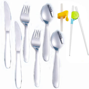 Toddler Flatware Kid Fork and Spoon Set, Baby Spoons Self Feeding Baby with Straws Traing Chopsticks Children (Silver)