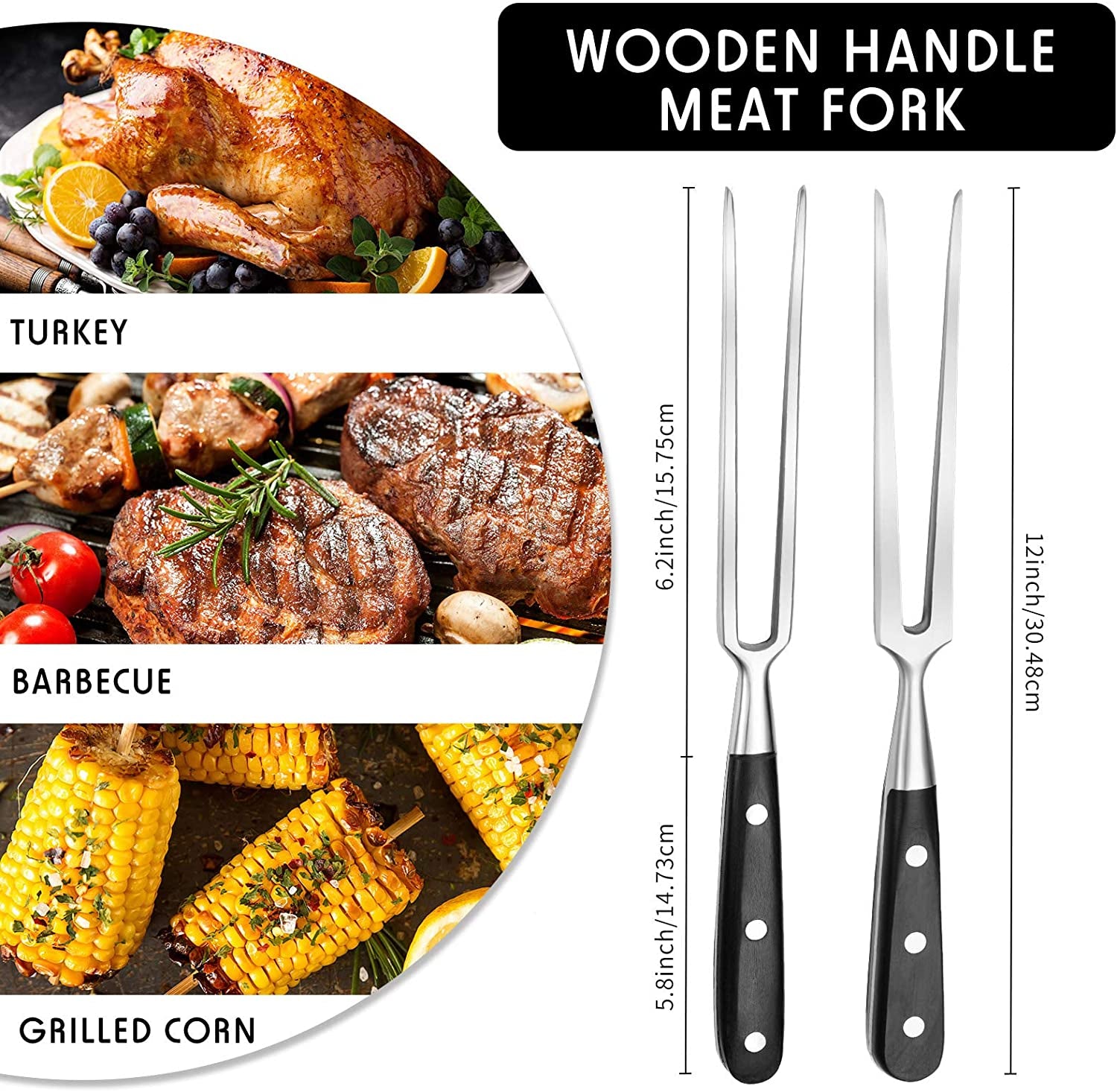 2 Pieces Carving Forks 12 Inch Stainless Steel Meat Fork Barbecue Fork Steak Fork for Kitchen Roast Grilling (Round Handle, Square Handle)