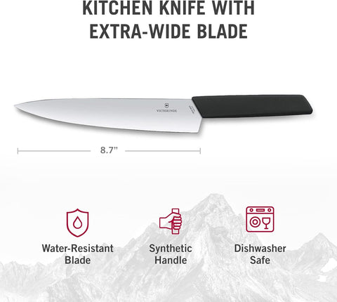 Image of 6.9013.22B Swiss Modern Carving Knife for Carving Meat, Slicing and Dicing Meats, Vegetables or Fruits Straight Blade in Black, 8.7 Inches