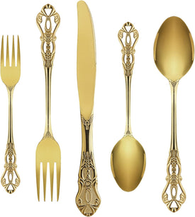 Gold Silverware Set for 4, Stainless Steel Gorgeous Retro Royal Flatware Set, 20-Pieces Cutlery Tableware Set, Kitchen Utensils Set Include Spoons and Forks Set, Mirror Finish, Dishwasher Safe