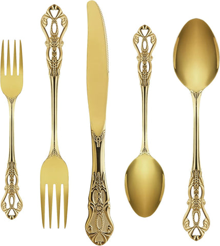 Image of Gold Silverware Set for 4, Stainless Steel Gorgeous Retro Royal Flatware Set, 20-Pieces Cutlery Tableware Set, Kitchen Utensils Set Include Spoons and Forks Set, Mirror Finish, Dishwasher Safe