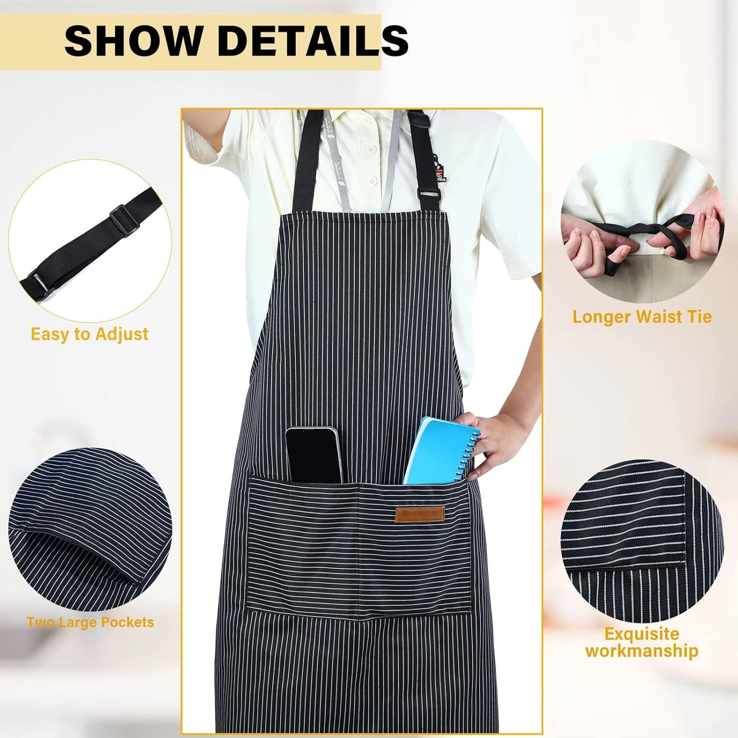 Cooking Apron with Pockets Waterproof Baking Apron Soft Chef Kitchen Aprons Cotton Polyester Blend Adjustable Bib Aprons for Women Men, Crafting BBQ, Black, Blue, Pink, Grey Stripes(4 Pcs)